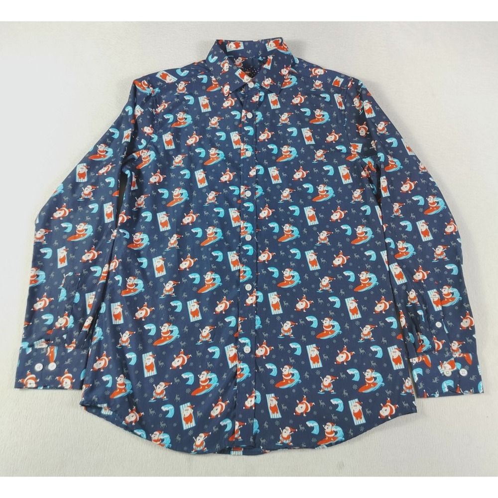 Simon Banks Shirt Mens Medium Blue Surfing Santa Christmas Long Sleeve Button Up